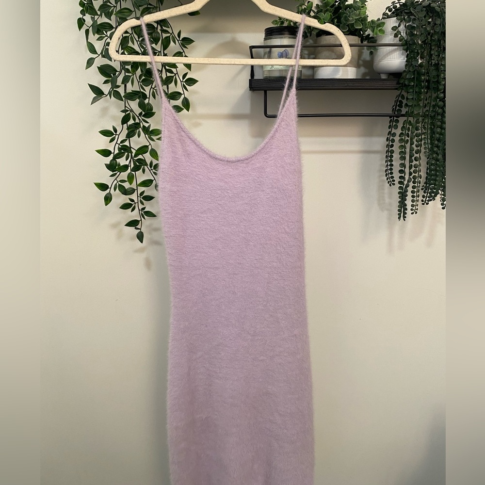 Meshki Fuzzy Lavender Spaghetti Strap Cocktail Dress